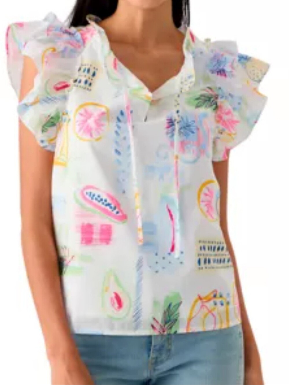 Crown & Ivy White Floral Print Ruffle Sleeve Split Neck Tie-Front Blouse